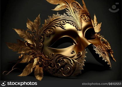 A luxurious golden mask with long feathers on a black background. Generative AI