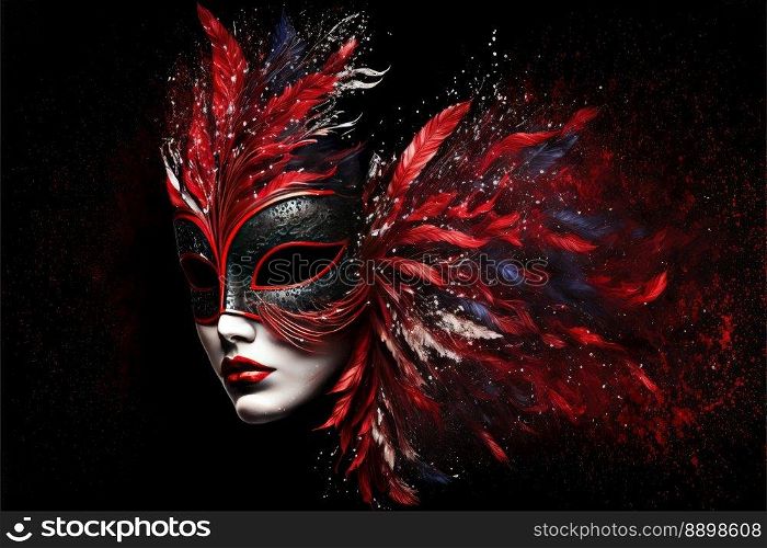 A luxurious red mask with long feathers on a black background. Generative AI