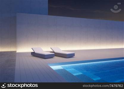 A luxury modern backyard with a swimming pool, 3d rendering