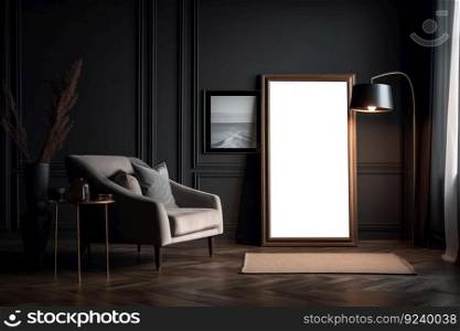 A luxury modern living room with a black empty wall mockup, a white chair, and a picture frame. Simple and stylish design with a mid-century style table. Is AI Generative.