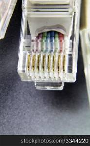 a macro several RJ45 network connector on black background