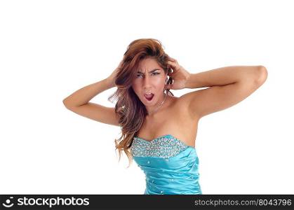 A mad young woman standing in a blue dress and brunette hair incloseup and screaming, isolated for white background.