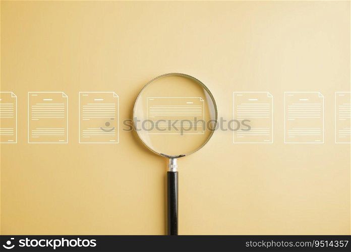 A magnifying glass, symbolizing the importance of document review and approval for quality assurance and ISO certification. Concept of professional work and data integrity.