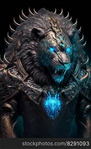A majestic portrait plowing black lion in armor. A majestic portrait plowing black lion in armor AI Generated