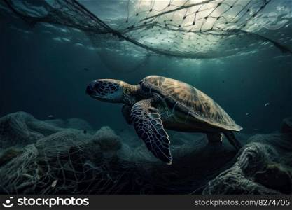 A majestic sea turtle navigates a fishing net, a poignant reminder of the impact of pollution on marine life. The image calls for conservation and sustainable practices. AI Generative.