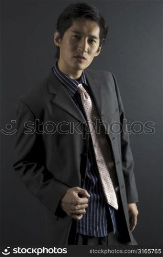 A male asian model in a jacket with shirt and tie