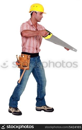 A male carpenter with a handsaw.