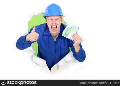 A male construction worker with plenty of cash.