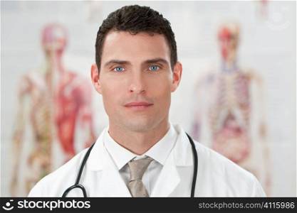 A male doctor in a white coat with Stethoscope standing in front of human anatomy charts.