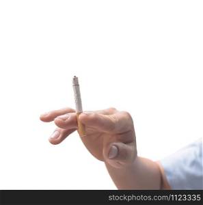 A male hand holding a white cigarette, isolated on white