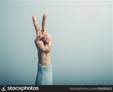 A male hand is displaying the v for victory sign