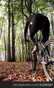 A male mountain biker on a single track trail in the woods. Blur effect