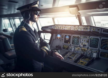 A male pilot in captain&rsquo;s uniform in an indoor airport setting. Generative AI AIG21.