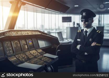 A male pilot in captain&rsquo;s uniform in an indoor airport setting. Generative AI AIG21.