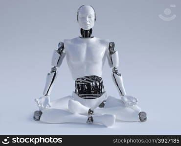 A male robot sitting on the floor and meditating, eyes closed, image 1. Grey background.