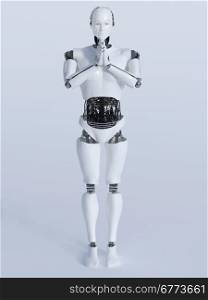 A male robot standing on the floor and doing a namaste greeting, image 1. Light grey background.