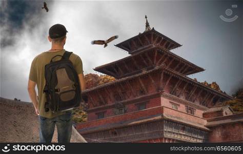 A male tourist is traveling around the city of Kathmandu. Nepal.