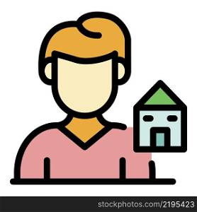 A man and a house icon. Outline a man and a house vector icon color flat isolated. A man and a house icon color outline vector