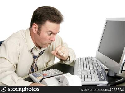 A man choking or coughing while working on the computer. His eyes are bulging like he&rsquo;s seen something shocking online. Isolated on white.