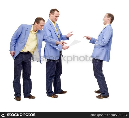A man, clearly acting irritated, failing to spot the error in the document. The guy behind him is pointing it out, and a man in front is laughing at his blindness, conceptual image for self-critisism