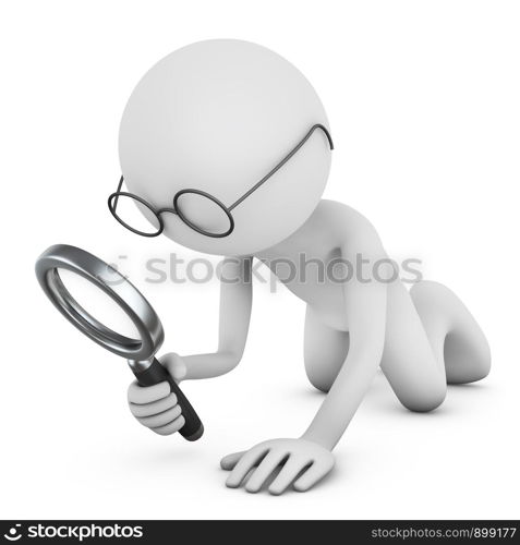 A man crawls on his knees with a magnifying glass. 3d render.