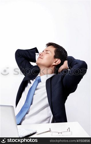 A man dressed as a break from your desk on a white background