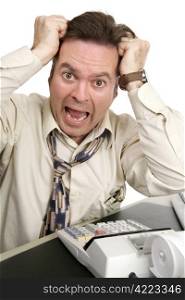 A man going crazy trying to do his own taxes. Isolated on white.