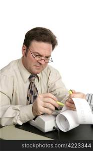 A man going over his accounts using a highlighter to identify issues. Isolated on white.