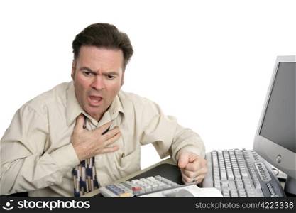 A man having a heart attack or choking at work. Isolated on white.