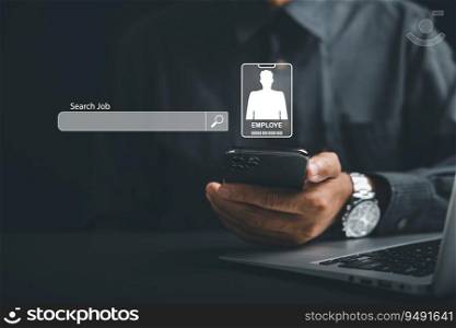 A man holding smart phone with find a job on screen, job search concept, man browsing work opportunities online using job search bar mobile app. find your career, man looking at online website