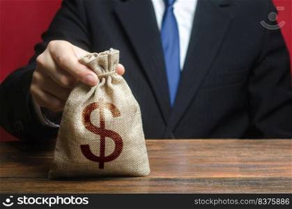 A man holds out a bag of money. Bank deposit. Donations. Financial social assistance. Provision of money on credit, grant. Project financing. Payment purchases, profits dividends. Business investment.