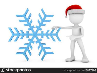 A man in a santa hat next to a snowflake. 3d rendering.
