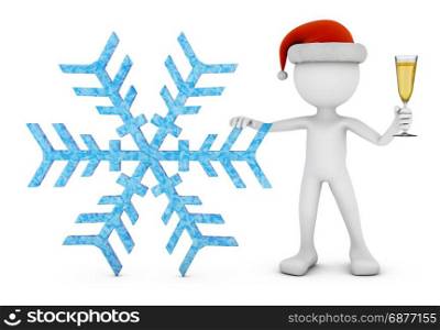 A man in a santa hat with a glass of wine next to a snowflake. 3d rendering.