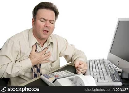 A man in his forties experiencing chest pain while working in his office. Isolated on white.