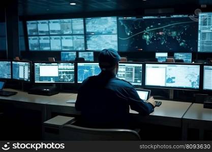 A man in uniform stands at a control center with his back to us keeping an eye on multiple displays created by generative AI