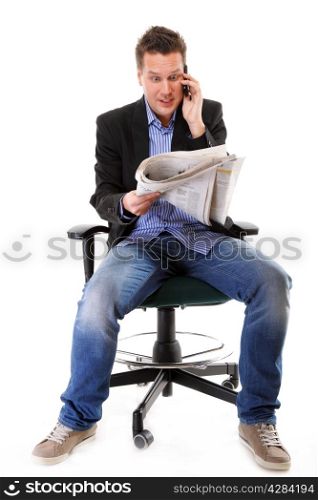 A man looks surprised, shocked while reading a newspaper speek phone white background