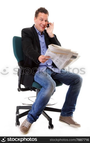 A man looks surprised, shocked while reading a newspaper speek phone white background