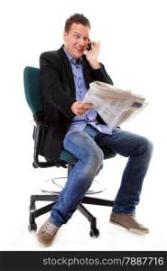 A man looks surprised, shocked while reading a newspaper speek phone white background