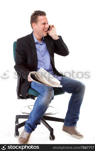 A man looks surprised, shocked while reading a newspaper speek phone white background