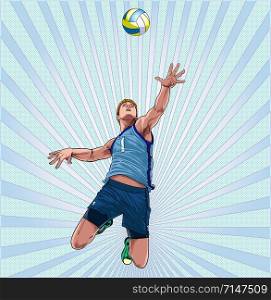 A man plays volleyball to jump high as point Illustration vector On pop art comics style Abstract dot background
