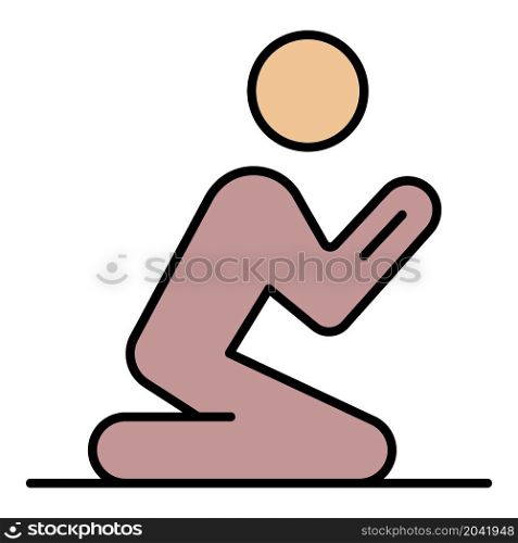 A man praying on his knees icon. Outline a man praying on his knees vector icon color flat isolated. A man praying on his knees icon color outline vector