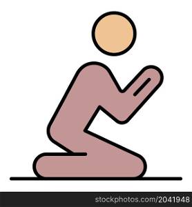 A man praying on his knees icon. Outline a man praying on his knees vector icon color flat isolated. A man praying on his knees icon color outline vector