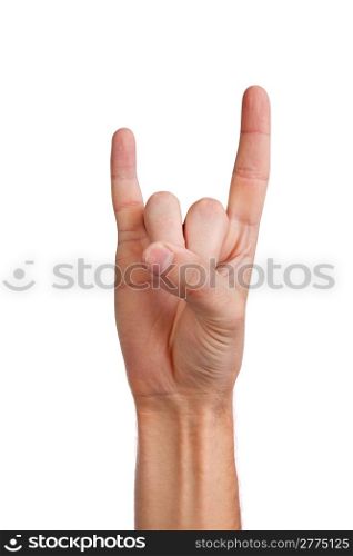 A man&rsquo;s hand giving the Rock and Roll sign isolated on a white background