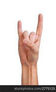 A man&rsquo;s hand giving the Rock and Roll sign isolated on a white background