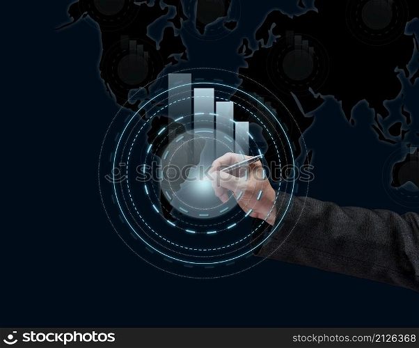 a man&rsquo;s hand holding a pen against the background of an ascending graphic. Business growth and other parameters concept