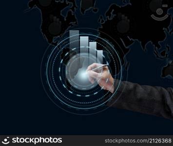 a man&rsquo;s hand holding a pen against the background of an ascending graphic. Business growth and other parameters concept