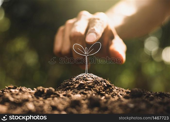 A man&rsquo;s hand is planting a tree in his imagination, an idea about the environment.