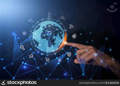 A man’s hand with a map of the globe and an innovative cognitive connection of future communication. Concept of international trading and digital investment, 5G global wireless connection and future.