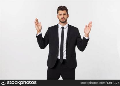 A man shows with his hands a large size on an isolated background.. A man shows with his hands a large size on an isolated background