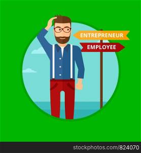 A man standing at road sign with two career pathways. Man choosing career pathway. Man making a decision of his career pathway. Vector flat design illustration in the circle isolated on background.. Confused man choosing career pathway.